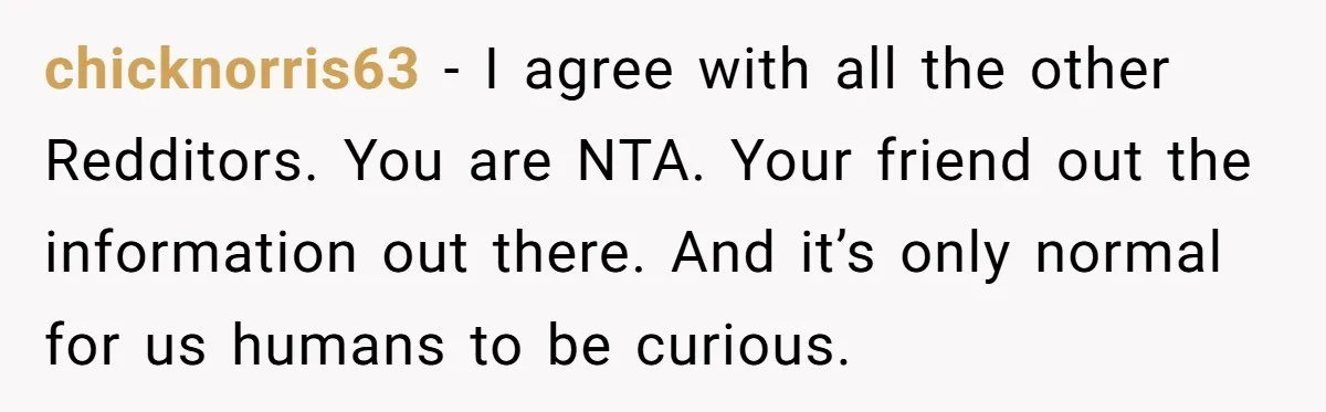 She Looked Up a Stranger’s Mugshot After Her Friend’s Late-Night Scare, Now Their Friendship Is on the Line chicknorris63 − I agree with all the other Redditors. You are NTA. Your friend out the information out there. And it’s only normal for us humans to be curious.