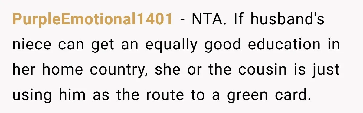 She’s Thinking of Saying No to Her Husband Risking His Parents’ Home for a Relative’s Loan, and It’s Turning Into a Serious Marriage Decision PurpleEmotional1401 − NTA. If husband's niece can get an equally good education in her home country, she or the cousin is just using him as the route to a green...