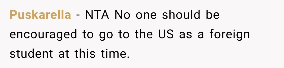 She’s Thinking of Saying No to Her Husband Risking His Parents’ Home for a Relative’s Loan, and It’s Turning Into a Serious Marriage Decision Puskarella − NTA No one should be encouraged to go to the US as a foreign student at this time.