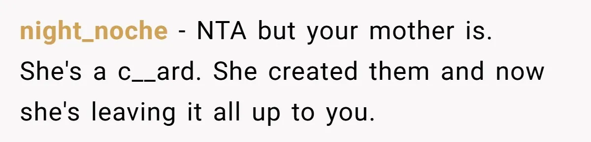 night_noche − NTA but your mother is. She's a c__ard. She created them and now she's leaving it all up to you.