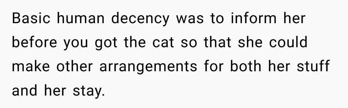 Basic human decency was to inform her before you got the cat so that she could make other arrangements for both her stuff and her stay.