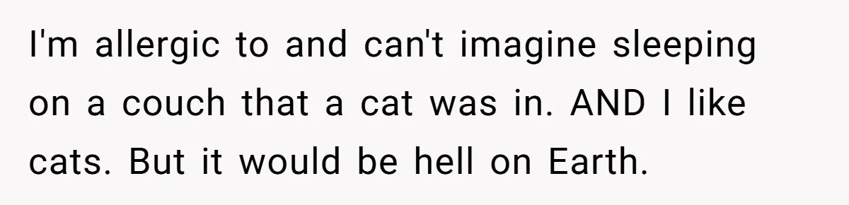 I'm allergic to and can't imagine sleeping on a couch that a cat was in. AND I like cats. But it would be hell on Earth.