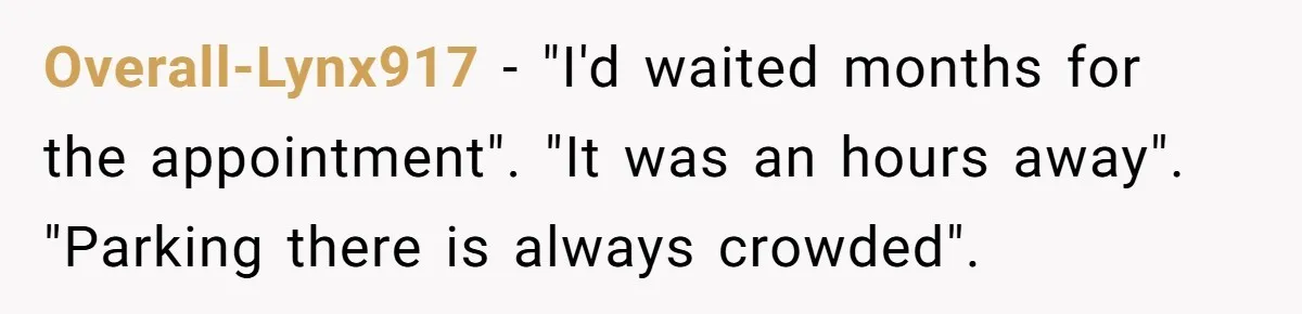 He Called the Police Over a Parking Spot and Missed His Doctor’s Appointment, Now He’s Wondering If He Went Too Far Overall-Lynx917 − "I'd waited months for the appointment". "It was an hours away". "Parking there is always crowded".