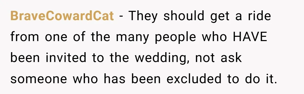 She Agreed to Drive Her Parents to a Wedding She Wasn’t Invited To, But Refused to Stay With Them, and Now She’s Questioning Everything BraveCowardCat − They should get a ride from one of the many people who HAVE been invited to the wedding, not ask someone who has been excluded to do it.