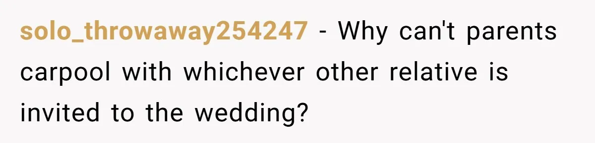 She Agreed to Drive Her Parents to a Wedding She Wasn’t Invited To, But Refused to Stay With Them, and Now She’s Questioning Everything solo_throwaway254247 − Why can't parents carpool with whichever other relative is invited to the wedding?