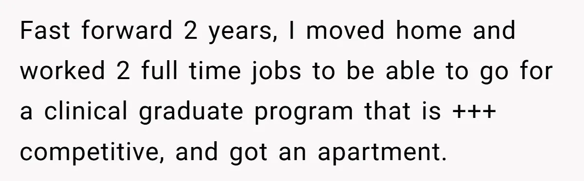 He Let Her Struggle on Her Own, Now He Wants to Use Her Apartment Fast forward 2 years, I moved home and worked 2 full time jobs to be able to go for a clinical graduate program that is +++ competitive, and got an...