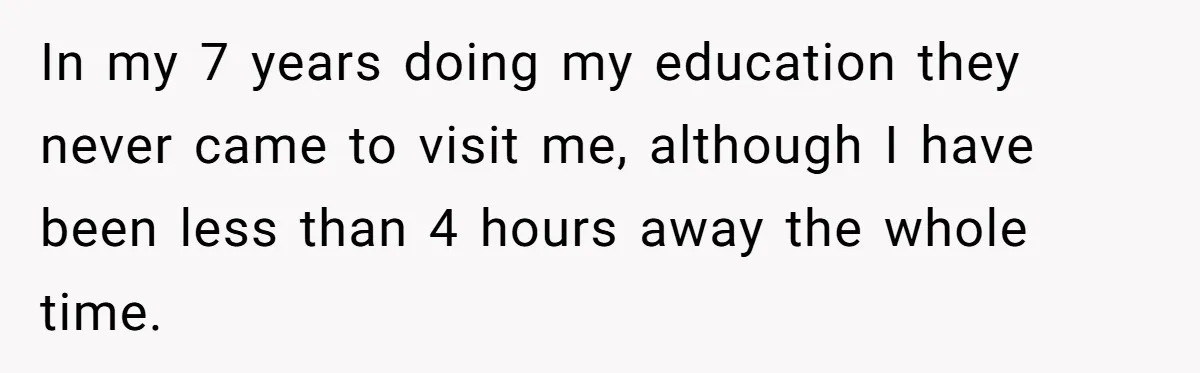 He Let Her Struggle on Her Own, Now He Wants to Use Her Apartment In my 7 years doing my education they never came to visit me, although I have been less than 4 hours away the whole time.