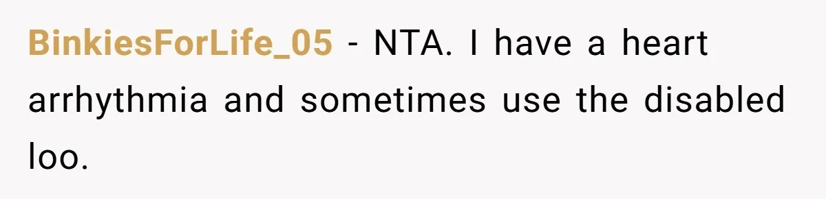 He Used the Accessible Toilet for a Condition You Can’t See, and Got Called Out for It BinkiesForLife_05 − NTA. I have a heart arrhythmia and sometimes use the disabled loo.