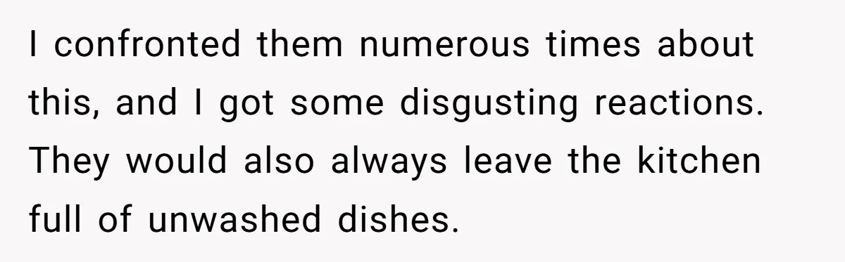 I confronted them numerous times about this, and I got some disgusting reactions. They would also always leave the kitchen full of unwashed dishes.