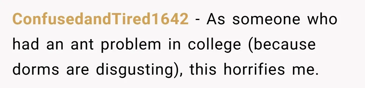 ConfusedandTired1642 − As someone who had an ant problem in college (because dorms are disgusting), this horrifies me.