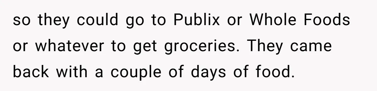 Brother Forces Family Vacation Change Then Faces Unexpected Home Discomfort so they could go to Publix or Whole Foods or whatever to get groceries. They came back with a couple of days of food.