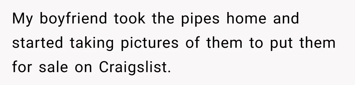My boyfriend took the pipes home and started taking pictures of them to put them for sale on Craigslist.