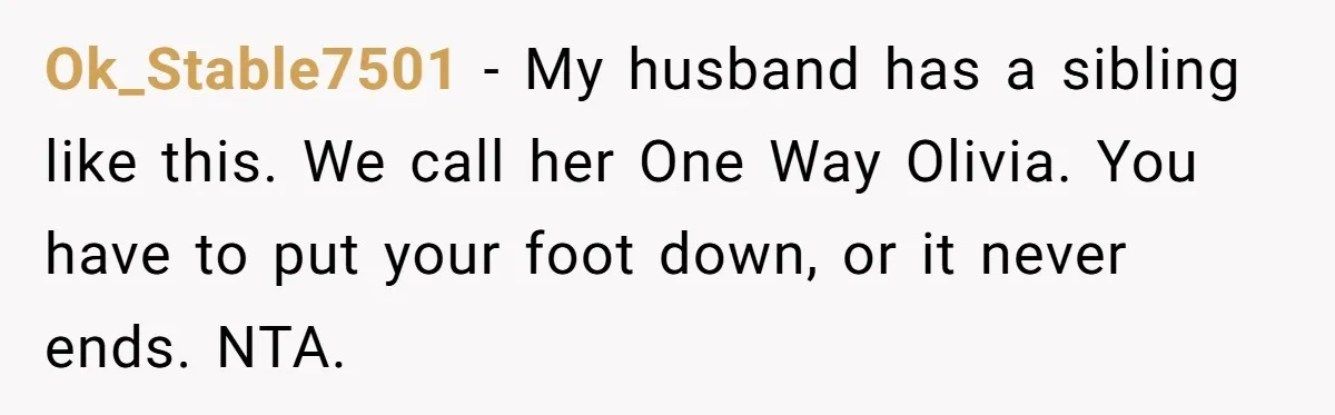 She Told Her Sister She’s Selfish After Refusing To Help With Kids, And Then Canceled The Engagement Party Ok_Stable7501 − My husband has a sibling like this. We call her One Way Olivia. You have to put your foot down, or it never ends. NTA.