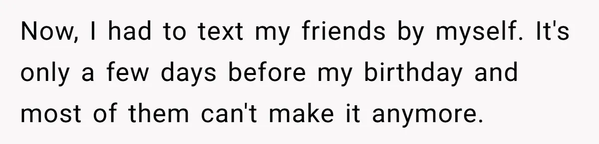Her Brother Hijacked Her Birthday Plans, and Now She Doesn’t Even Want to Show Up Now, I had to text my friends by myself. It's only a few days before my birthday and most of them can't make it anymore.