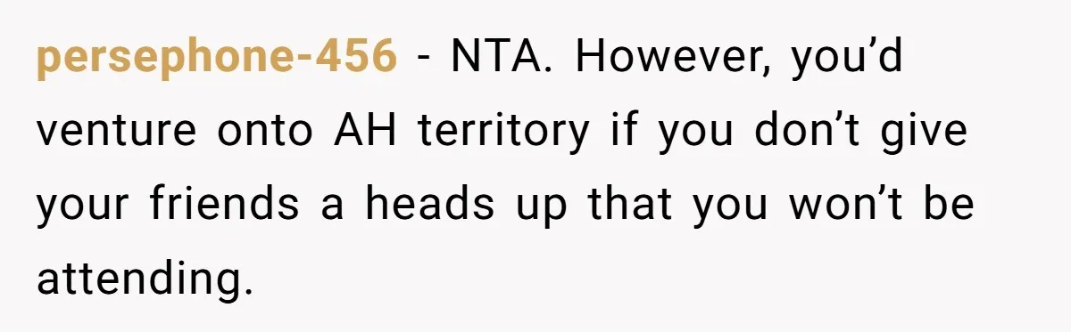 Her Brother Hijacked Her Birthday Plans, and Now She Doesn’t Even Want to Show Up persephone-456 − NTA. However, you’d venture onto AH territory if you don’t give your friends a heads up that you won’t be attending.