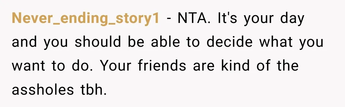 Her Brother Hijacked Her Birthday Plans, and Now She Doesn’t Even Want to Show Up Never_ending_story1 − NTA. It's your day and you should be able to decide what you want to do. Your friends are kind of the assholes tbh.