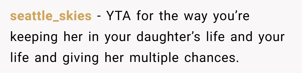 She Finally Told Her Mother She Didn’t Feel Safe, and It Only Made Things Worse seattle_skies − YTA for the way you’re keeping her in your daughter’s life and your life and giving her multiple chances.