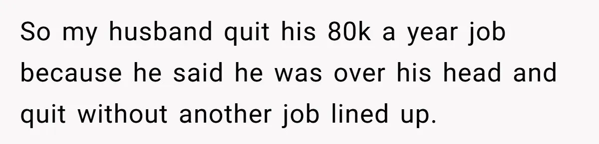 So my husband quit his 80k a year job because he said he was over his head and quit without another job lined up.