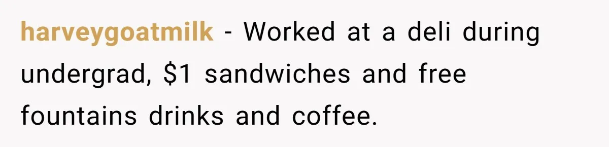 This College Student Scammed His Way Into Free Meals For Two Years And Saved A Fortune harveygoatmilk − Worked at a deli during undergrad, $1 sandwiches and free fountains drinks and coffee.