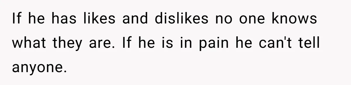 If he has likes and dislikes no one knows what they are. If he is in pain he can't tell anyone.