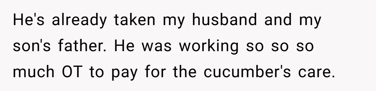 He's already taken my husband and my son's father. He was working so so so much OT to pay for the cucumber's care.