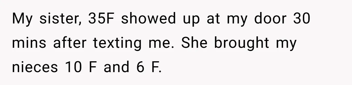 Woman Stands Firm Against Sister’s Demand To Evict Paying Housemates For Divorce Refuge My sister, 35F showed up at my door 30 mins after texting me. She brought my nieces 10 F and 6 F.