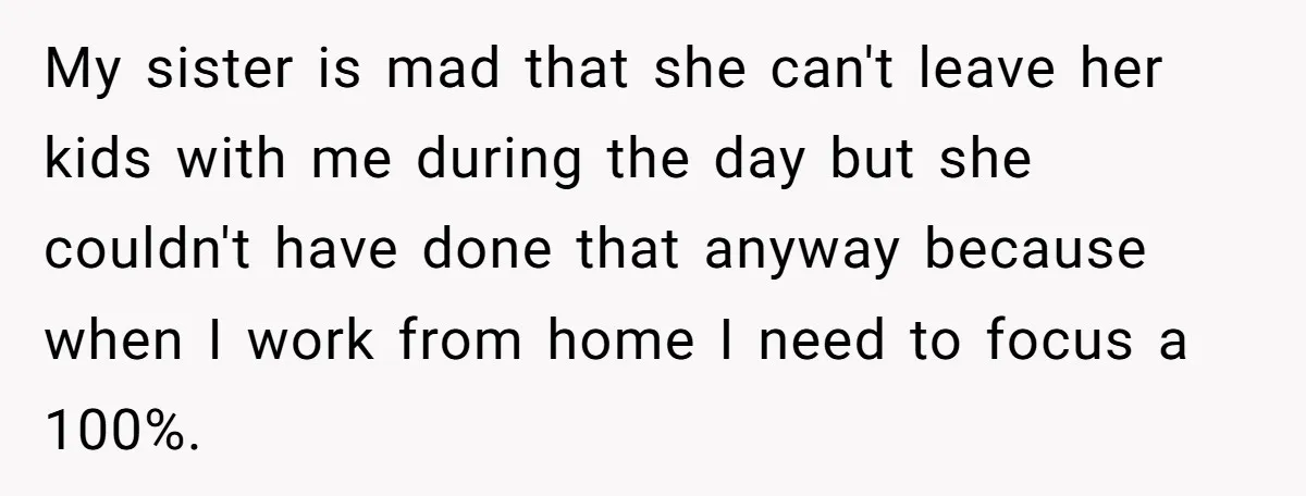 Woman Stands Firm Against Sister’s Demand To Evict Paying Housemates For Divorce Refuge My sister is mad that she can't leave her kids with me during the day but she couldn't have done that anyway because when I work from home I need...