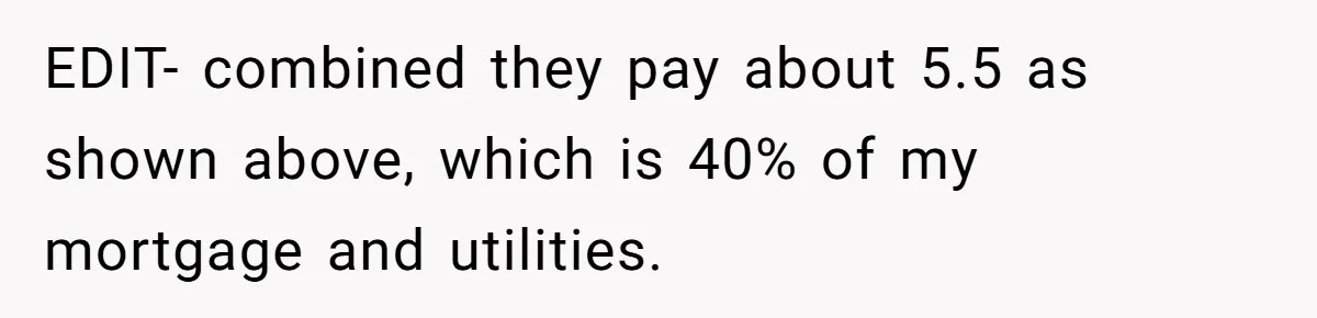 Woman Stands Firm Against Sister’s Demand To Evict Paying Housemates For Divorce Refuge EDIT- combined they pay about 5.5 as shown above, which is 40% of my mortgage and utilities.