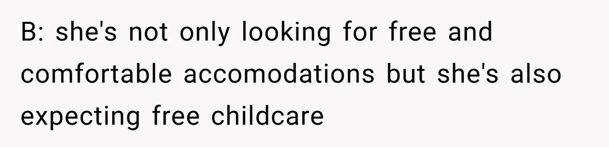 Woman Stands Firm Against Sister’s Demand To Evict Paying Housemates For Divorce Refuge B: she's not only looking for free and comfortable accomodations but she's also expecting free childcare