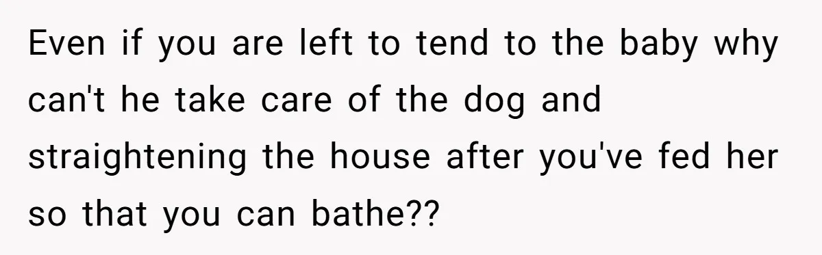 Mom Wants To Keep Her Night Routine, But Her Partner Wants Her To Change It Even if you are left to tend to the baby why can't he take care of the dog and straightening the house after you've fed her so that you can...