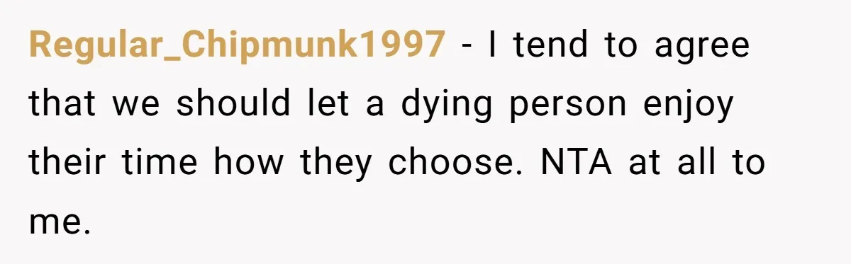 Regular_Chipmunk1997 − I tend to agree that we should let a dying person enjoy their time how they choose. NTA at all to me.