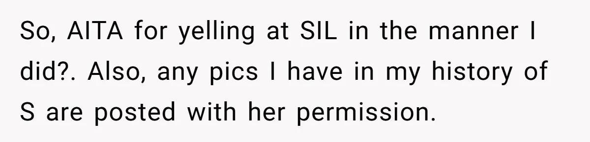 Mom Loses Her Cool After 'Influencer' SIL Keeps Pushing For More Content So, AITA for yelling at SIL in the manner I did?. Also, any pics I have in my history of S are posted with her permission.