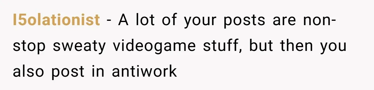 I5olationist − A lot of your posts are non-stop sweaty videogame stuff, but then you also post in antiwork