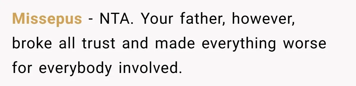 Missepus − NTA. Your father, however, broke all trust and made everything worse for everybody involved.