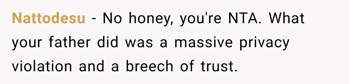 Nattodesu − No honey, you're NTA. What your father did was a massive privacy violation and a breech of trust.