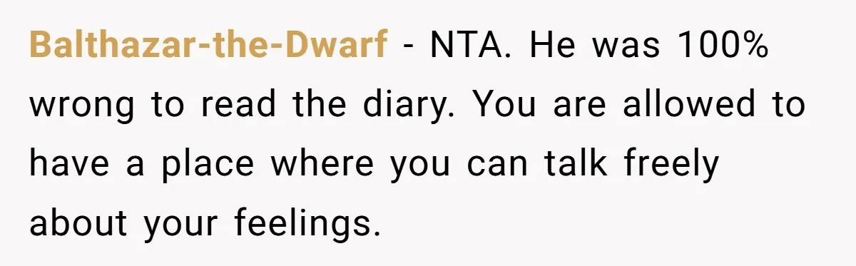 Balthazar-the-Dwarf − NTA. He was 100% wrong to read the diary. You are allowed to have a place where you can talk freely about your feelings.