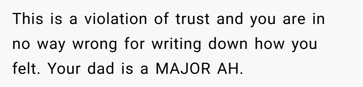 This is a violation of trust and you are in no way wrong for writing down how you felt. Your dad is a MAJOR AH.