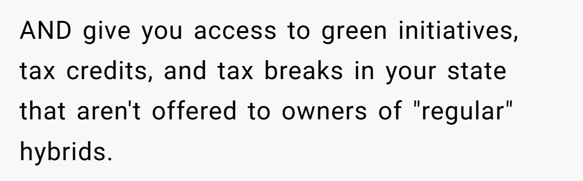 Husband Leaves Wife, Buys Cheap Apartment, Says He’s Happier Than Ever AND give you access to green initiatives, tax credits, and tax breaks in your state that aren't offered to owners of "regular" hybrids.