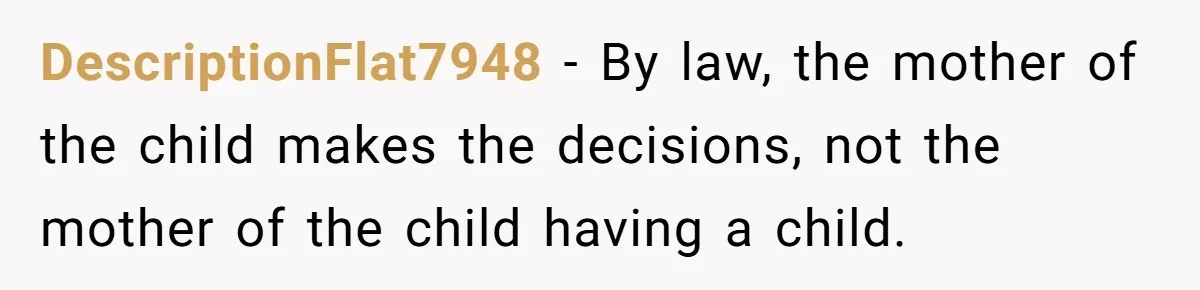 Mother Threatens Pregnant Teen Girlfriend's Family With Intentions To Give Up Her Baby DescriptionFlat7948 − By law, the mother of the child makes the decisions, not the mother of the child having a child.