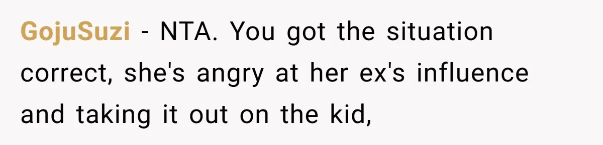 GojuSuzi − NTA. You got the situation correct, she's angry at her ex's influence and taking it out on the kid,