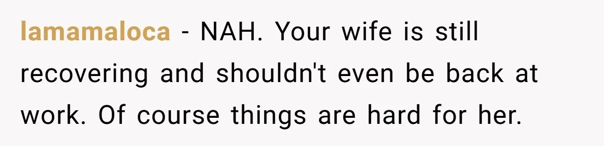 lamamaloca − NAH. Your wife is still recovering and shouldn't even be back at work. Of course things are hard for her.