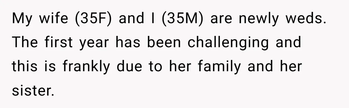Newlywed Husband Demands Wife Stop Raising Her Sister's Child Before Their Marriage Collapses My wife (35F) and I (35M) are newly weds. The first year has been challenging and this is frankly due to her family and her sister.