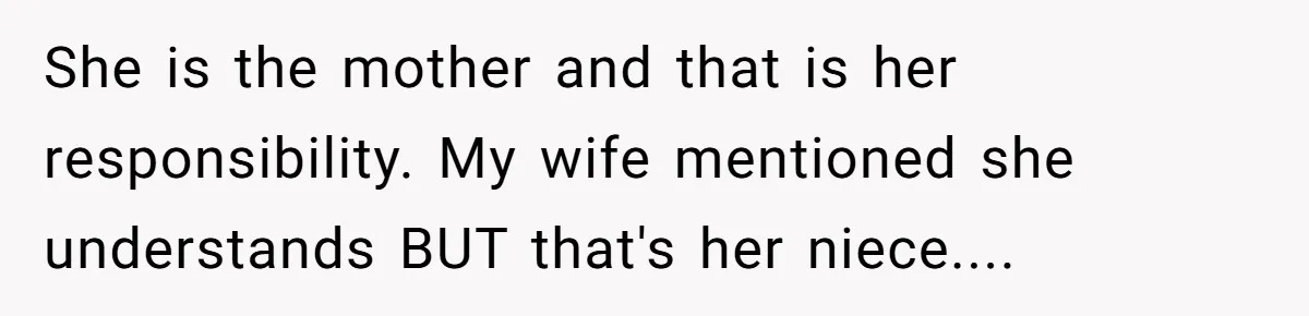 Newlywed Husband Demands Wife Stop Raising Her Sister's Child Before Their Marriage Collapses She is the mother and that is her responsibility. My wife mentioned she understands BUT that's her niece....