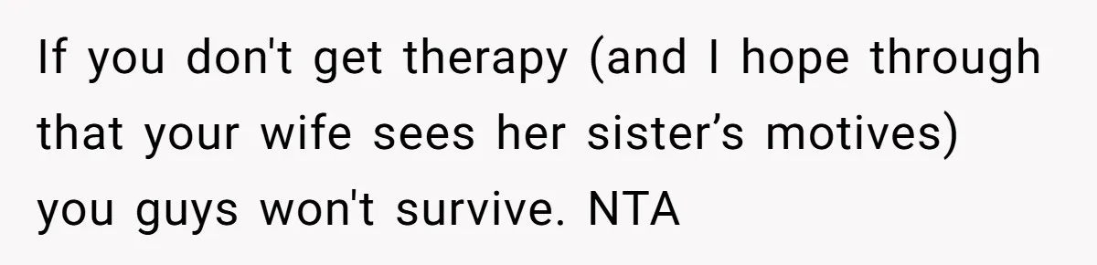 Newlywed Husband Demands Wife Stop Raising Her Sister's Child Before Their Marriage Collapses If you don't get therapy (and I hope through that your wife sees her sister’s motives) you guys won't survive. NTA
