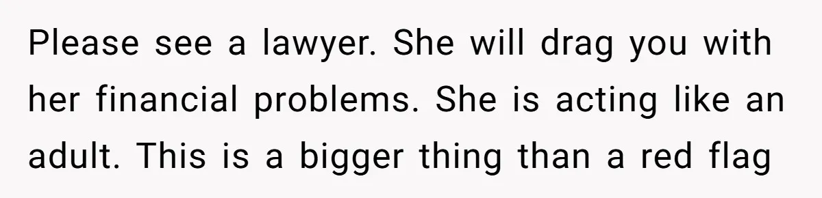 Newlywed Husband Demands Wife Stop Raising Her Sister's Child Before Their Marriage Collapses Please see a lawyer. She will drag you with her financial problems. She is acting like an adult. This is a bigger thing than a red flag