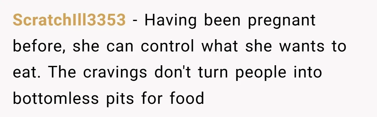 Woman Branded A "B-tch" After Refusing To Let A Pregnant Roommate Treat Her Groceries Like An Open Buffet ScratchIll3353 − Having been pregnant before, she can control what she wants to eat. The cravings don't turn people into bottomless pits for food