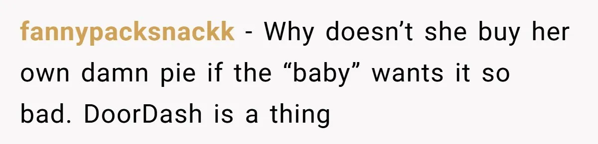 Woman Branded A "B-tch" After Refusing To Let A Pregnant Roommate Treat Her Groceries Like An Open Buffet fannypacksnackk − Why doesn’t she buy her own damn pie if the “baby” wants it so bad. DoorDash is a thing