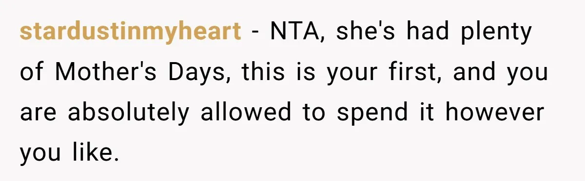 stardustinmyheart − NTA, she's had plenty of Mother's Days, this is your first, and you are absolutely allowed to spend it however you like.