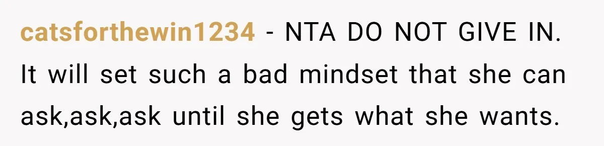 catsforthewin1234 − NTA DO NOT GIVE IN. It will set such a bad mindset that she can ask,ask,ask until she gets what she wants.