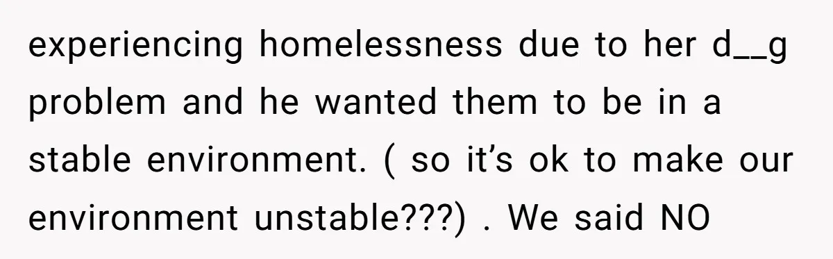 They Refused to Let Anyone Move Into Their Spacious Home, and Now Friends and Family Keep Pushing Back experiencing homelessness due to her d__g problem and he wanted them to be in a stable environment. ( so it’s ok to make our environment unstable???) . We said NO